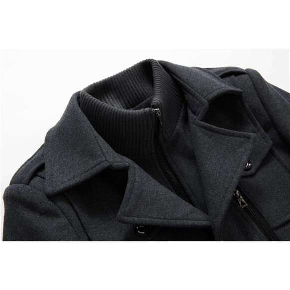 Men's Thermal Single Breasted Wool Blend Coat Peacoat with Detachable Zipper - Picture 3 of 5